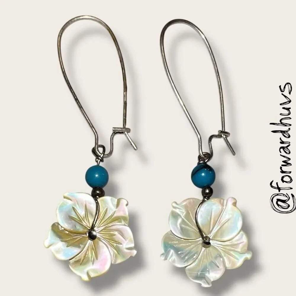 Hand-Carved Mother of Pearl Earrings – Turquoise & Black Accents